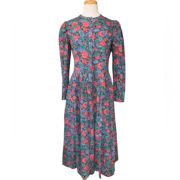 Vintage Laura Ashley button down puff sleeve drop waist floral midi dress sz 12 - Picture 1 of 11